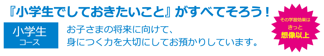 『小学生でしておきたいこと』がすべてそろう！ 小学生コース お子さまの将来に向けて、身につく力を大切にしてお預かりしています。 その学習効果はきっと想像以上