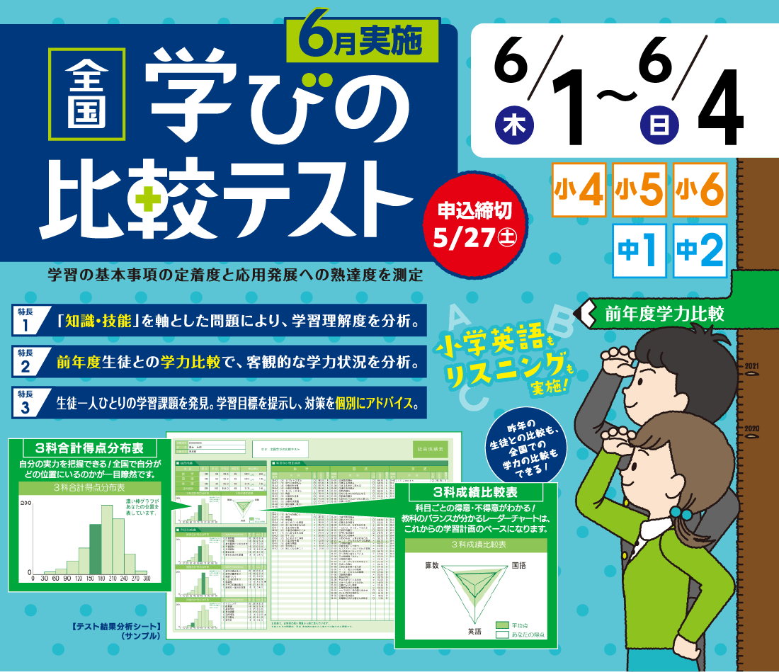 6月実施 全国学びの比較テスト 6/1(木)〜6/4(日) 申込締切:5/27(土) 小4・小5・小6・中1・中2