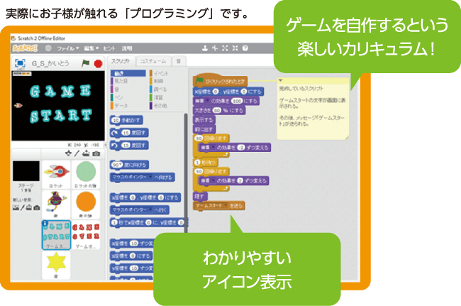 ゲームを自作するという楽しいカリキュラム！　わかりやすいアイコン表示